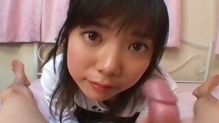 Asian teen gives blowjob in POV, hairy pussy takes a big load of cum on her face